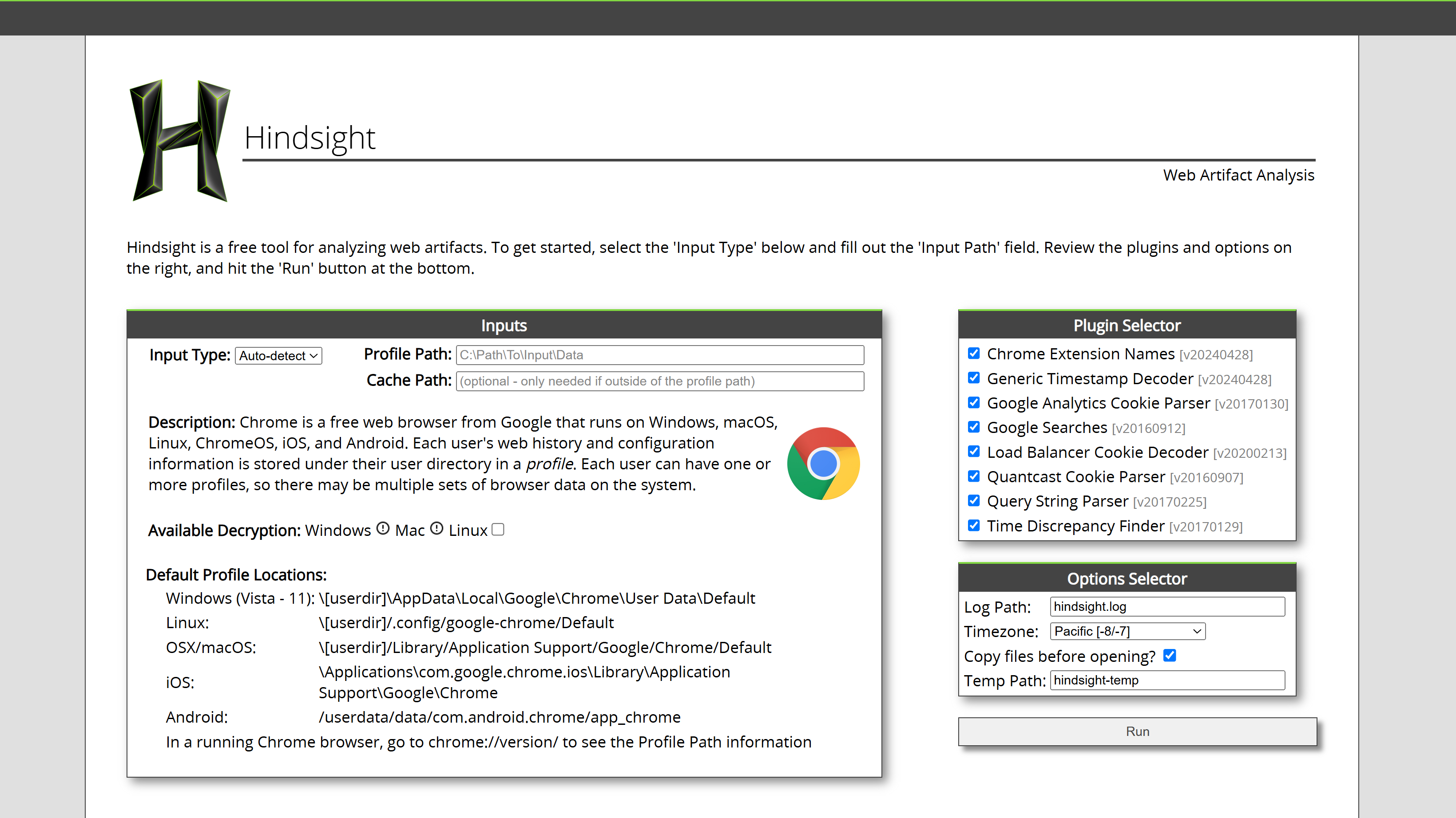 Hindsight web interface showing a browsing timeline