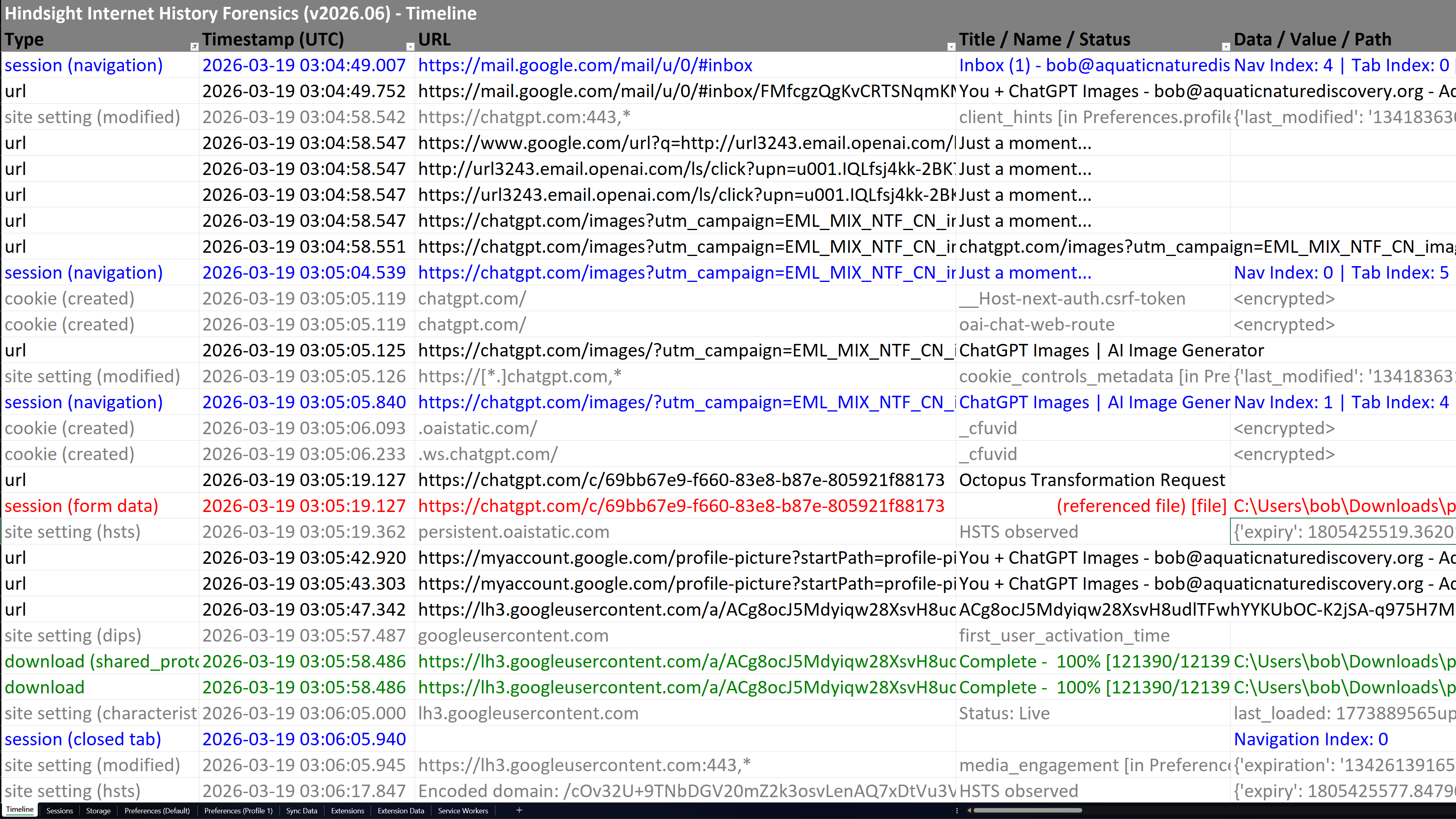 Hindsight timeline exported to XLSX