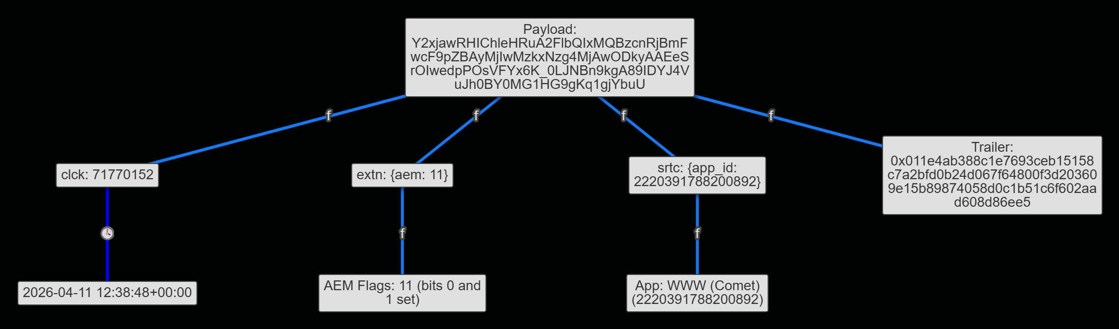 Unfurl graph view of the example payload: clck with its decoded timestamp, extn with the AEM flags, srtc with the App ID, and the trailer